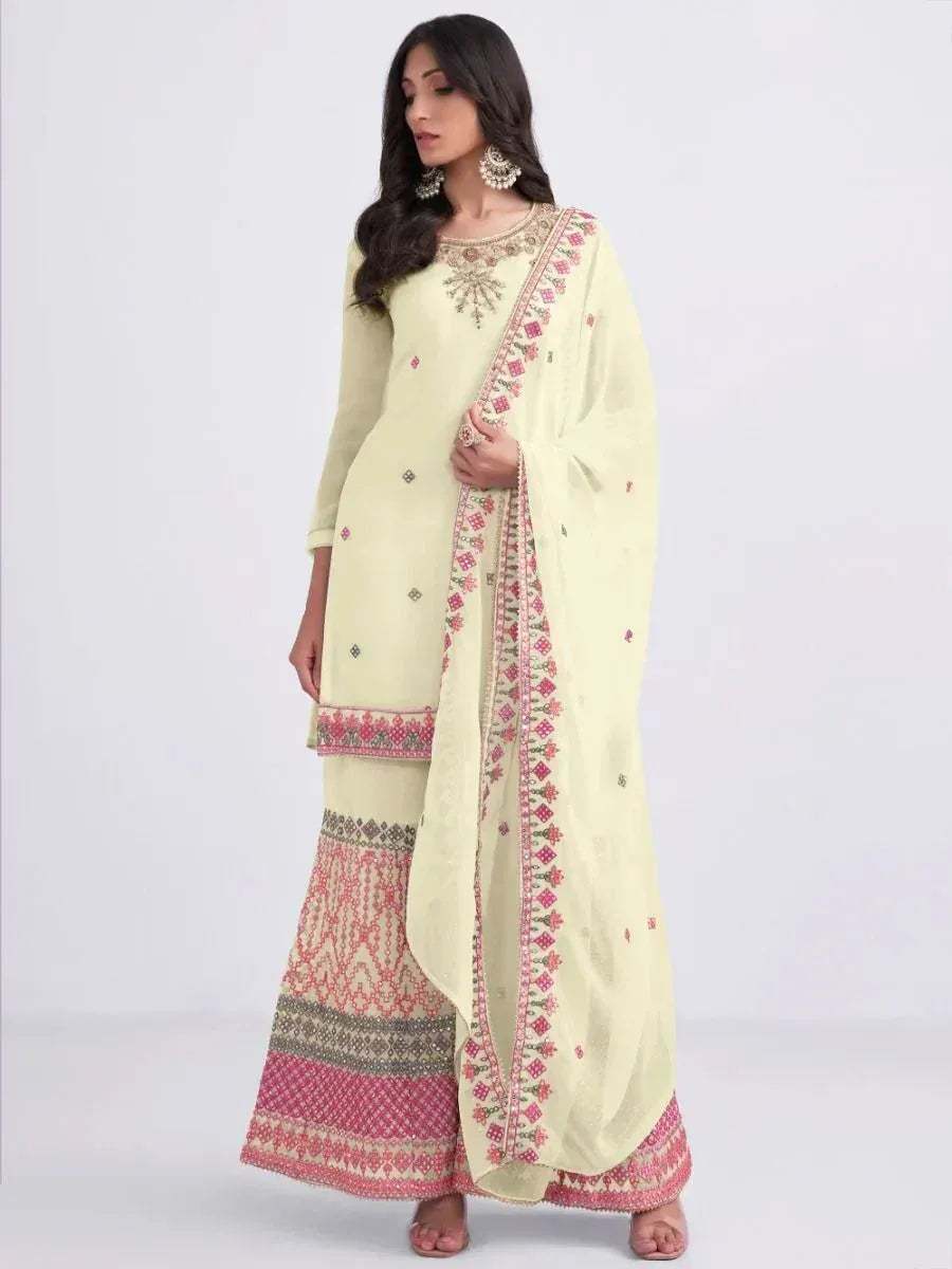 Light green embroidered salwar kameez with pink floral dupatta, ethnic Indian wear for women