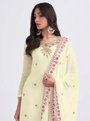 Attractive Light Yellow Thread Embroidery Georgette Sharara Suit