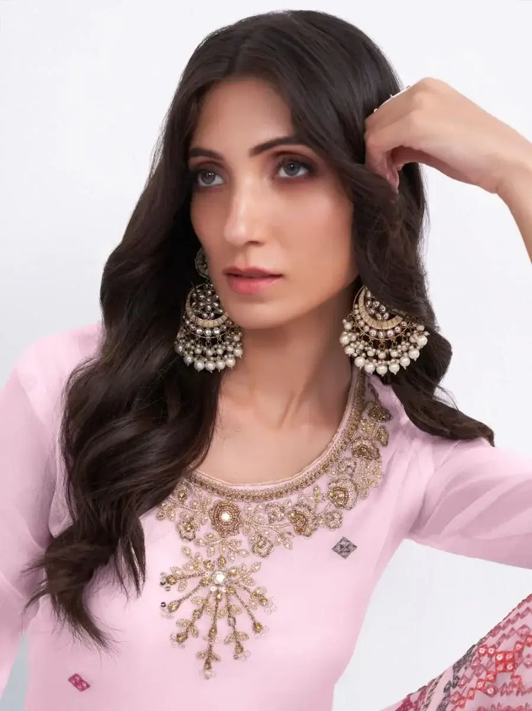 Elegant Light Pink Thread Embroidery Georgette Sharara Suit