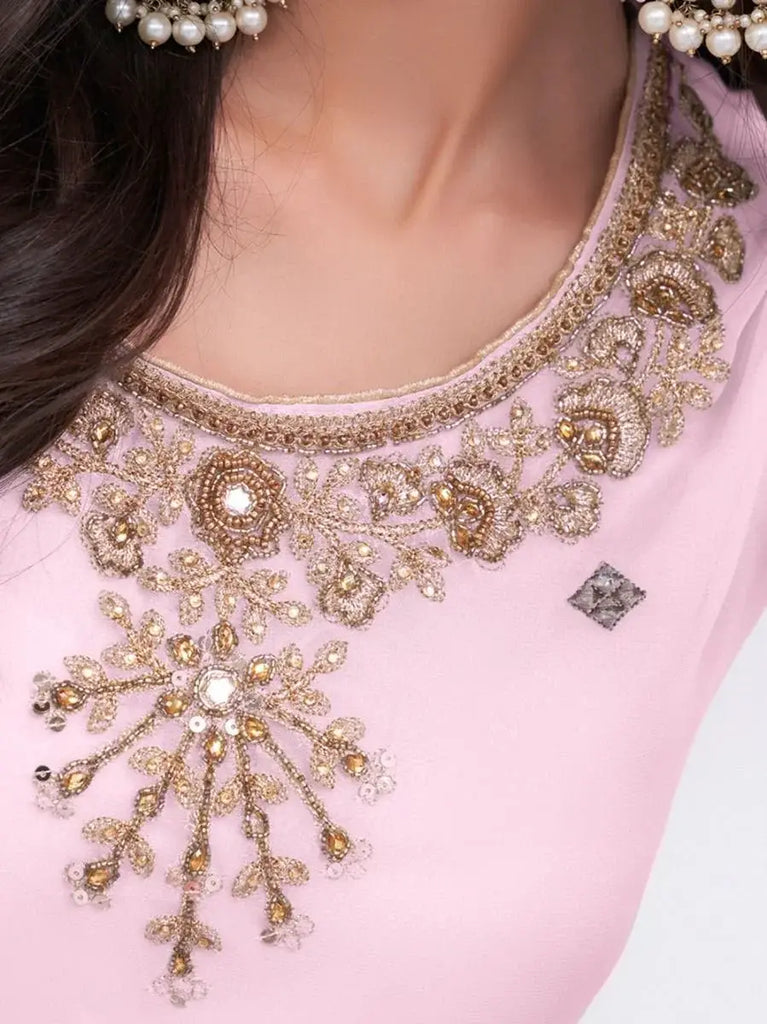 Elegant Light Pink Thread Embroidery Georgette Sharara Suit