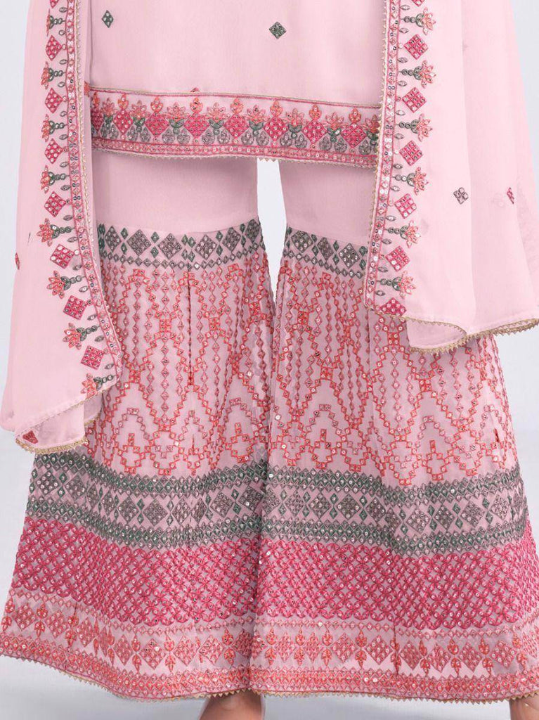 Elegant Light Pink Thread Embroidery Georgette Sharara Suit