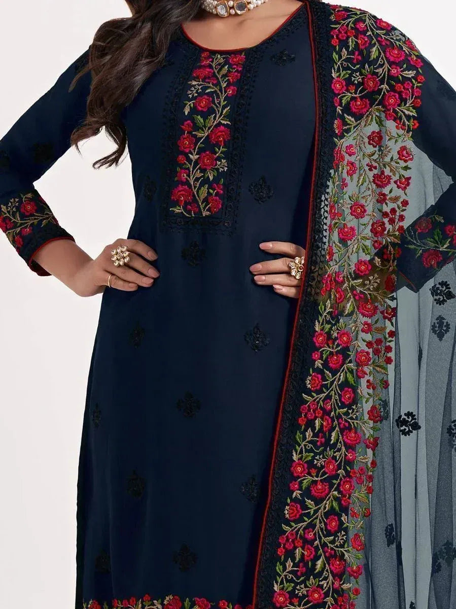 Navy blue embroidered salwar kameez with floral dupatta, Indian ethnic wear