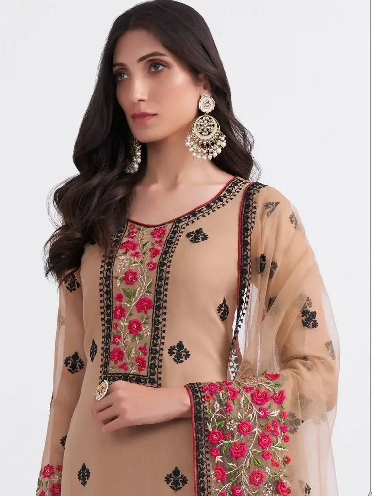 Heavenly Beige Floral Embroidered Georgette Festive Salwar Suit