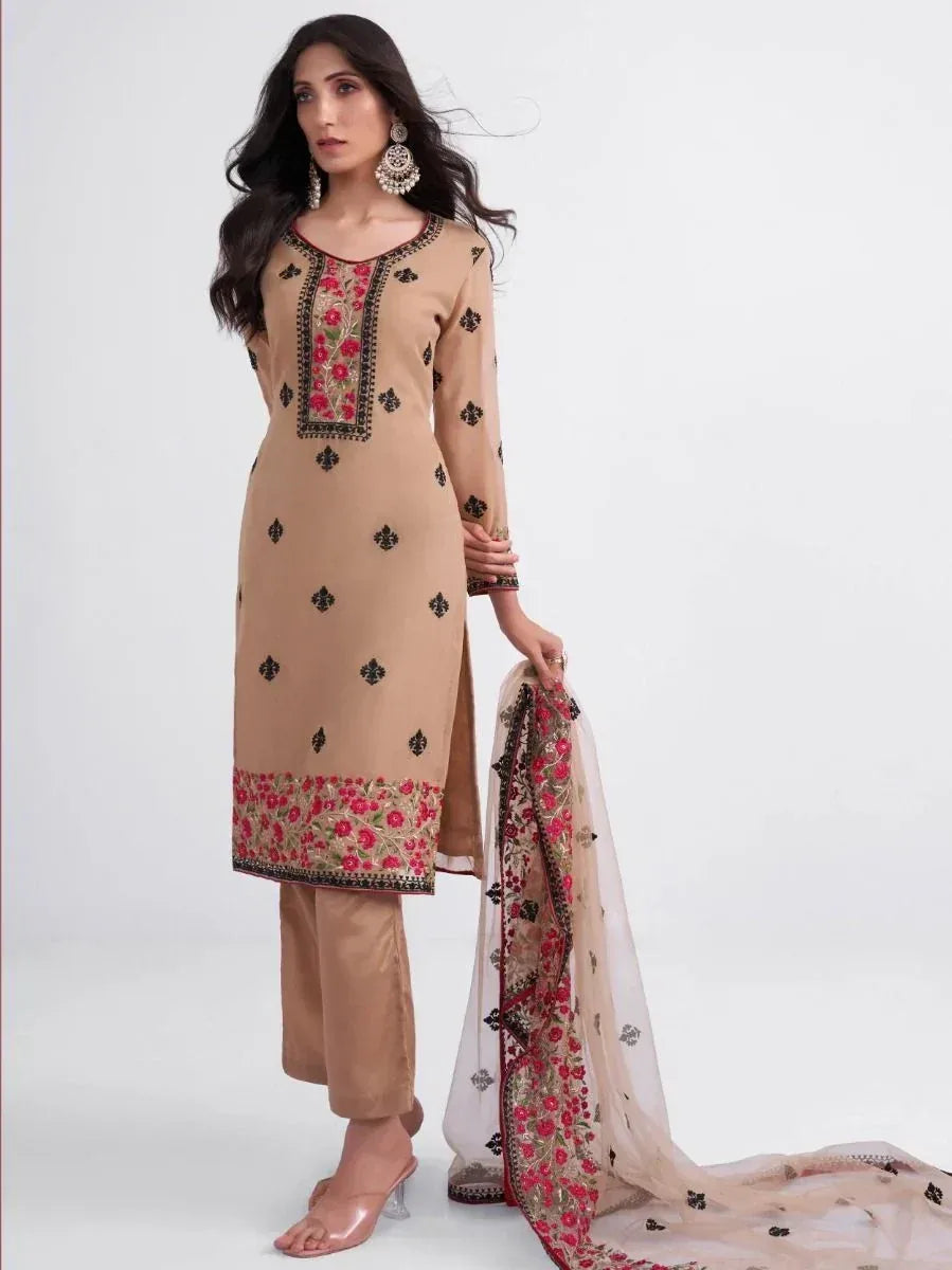 Beige embroidered salwar kameez with floral dupatta, Indian ethnic wear for women
