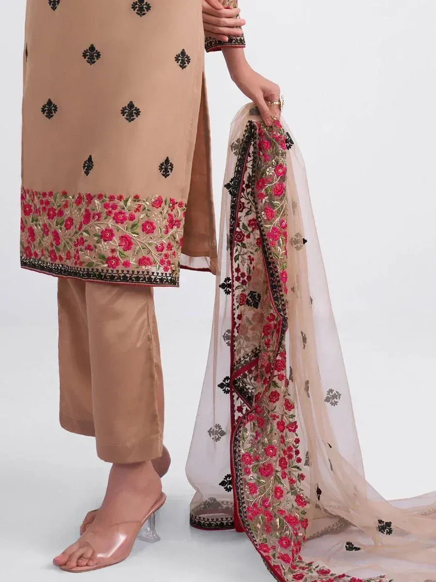 Beige embroidered salwar kameez with floral dupatta, Indian ethnic wear