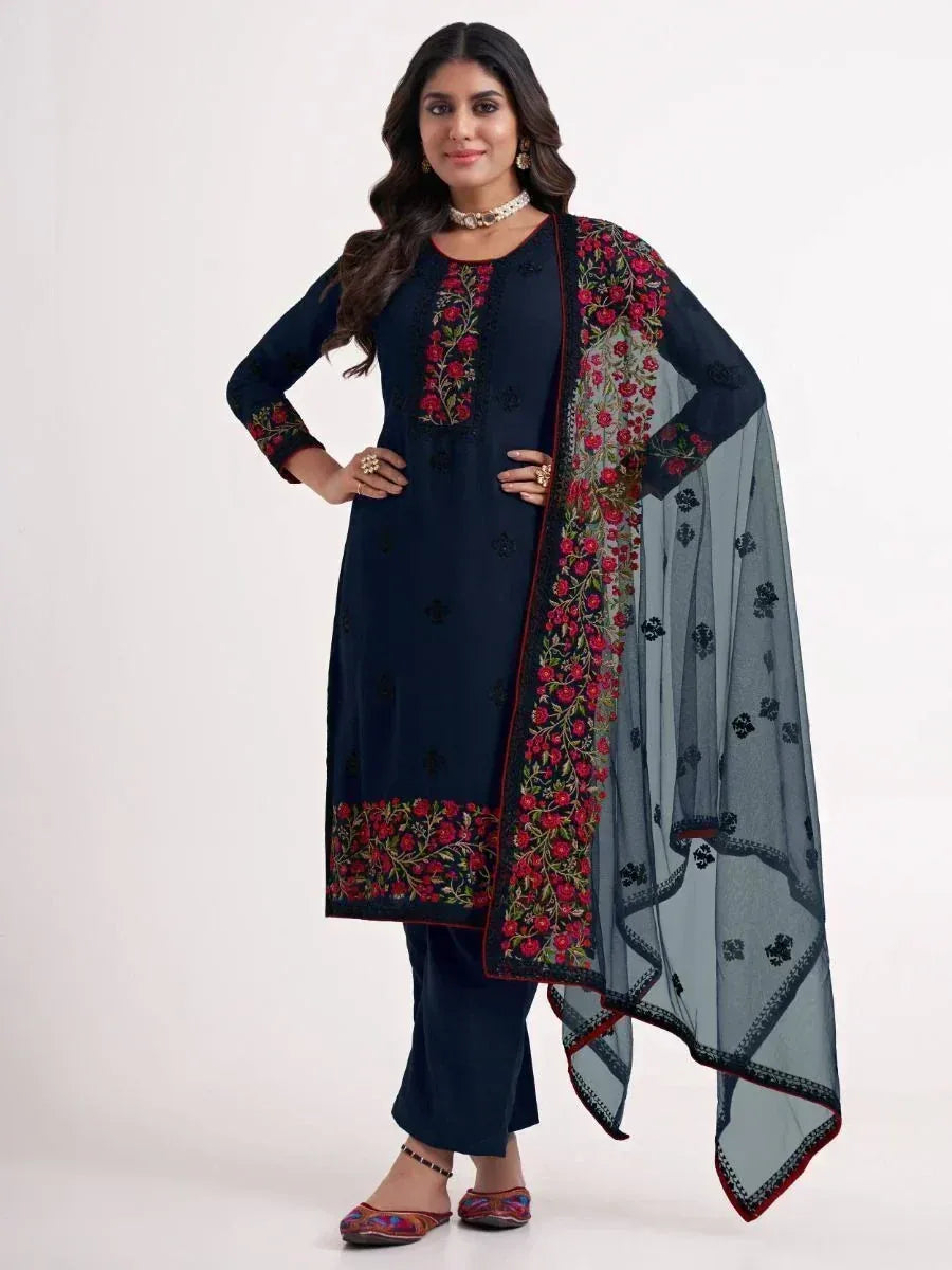 Navy blue embroidered salwar kameez with floral dupatta, Indian ethnic wear for women