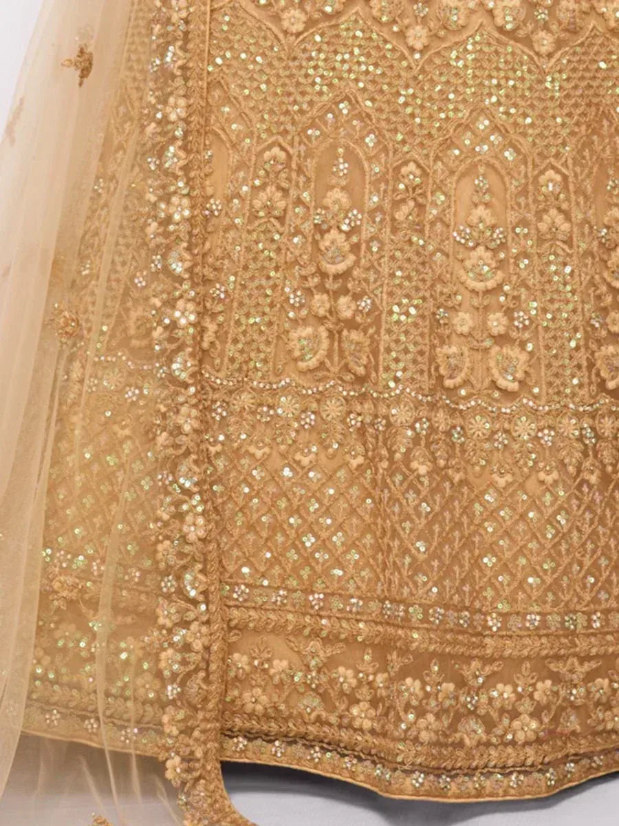 Gold embroidered lehenga with intricate floral sequin work and sheer dupatta, ideal for Indian weddings and festive occasions