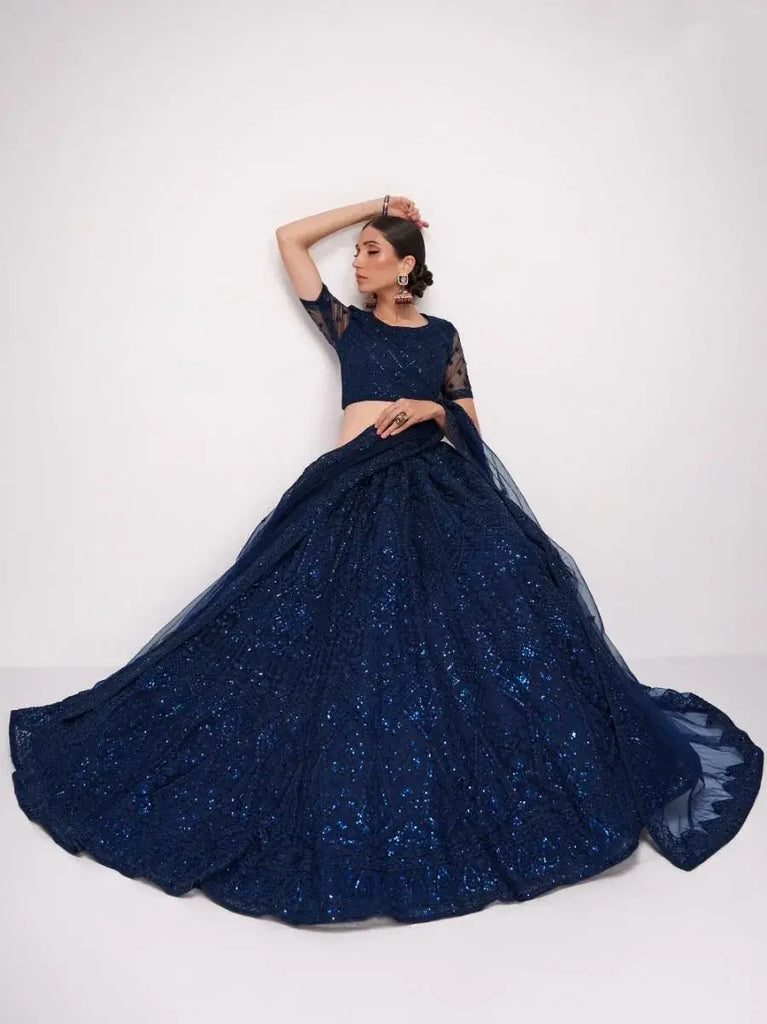 Abundant Dark Blue Thread Embroidery Net Monochrome Lehenga Choli
