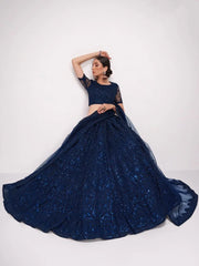 Abundant Dark Blue Thread Embroidery Net Monochrome Lehenga Choli