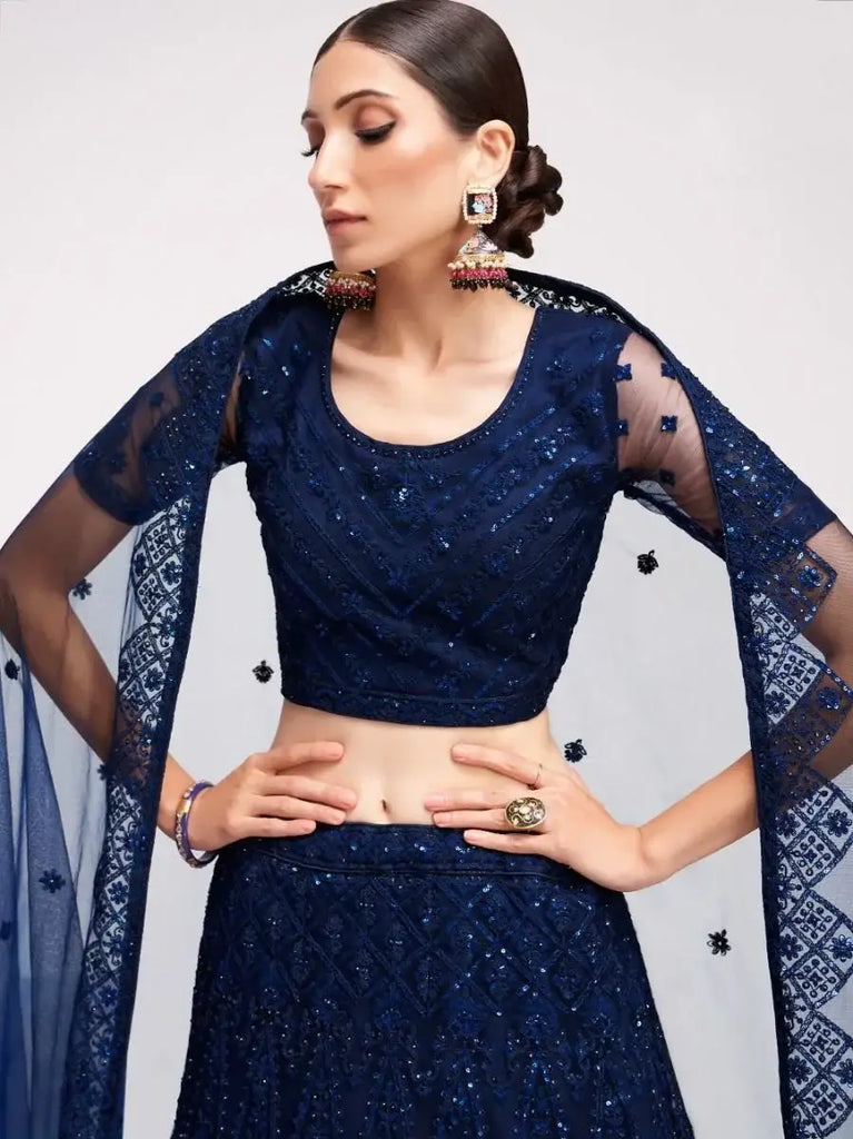Abundant Dark Blue Thread Embroidery Net Monochrome Lehenga Choli