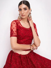 Desirable Red Thread Embroidery Net Monochrome Lehenga Choli