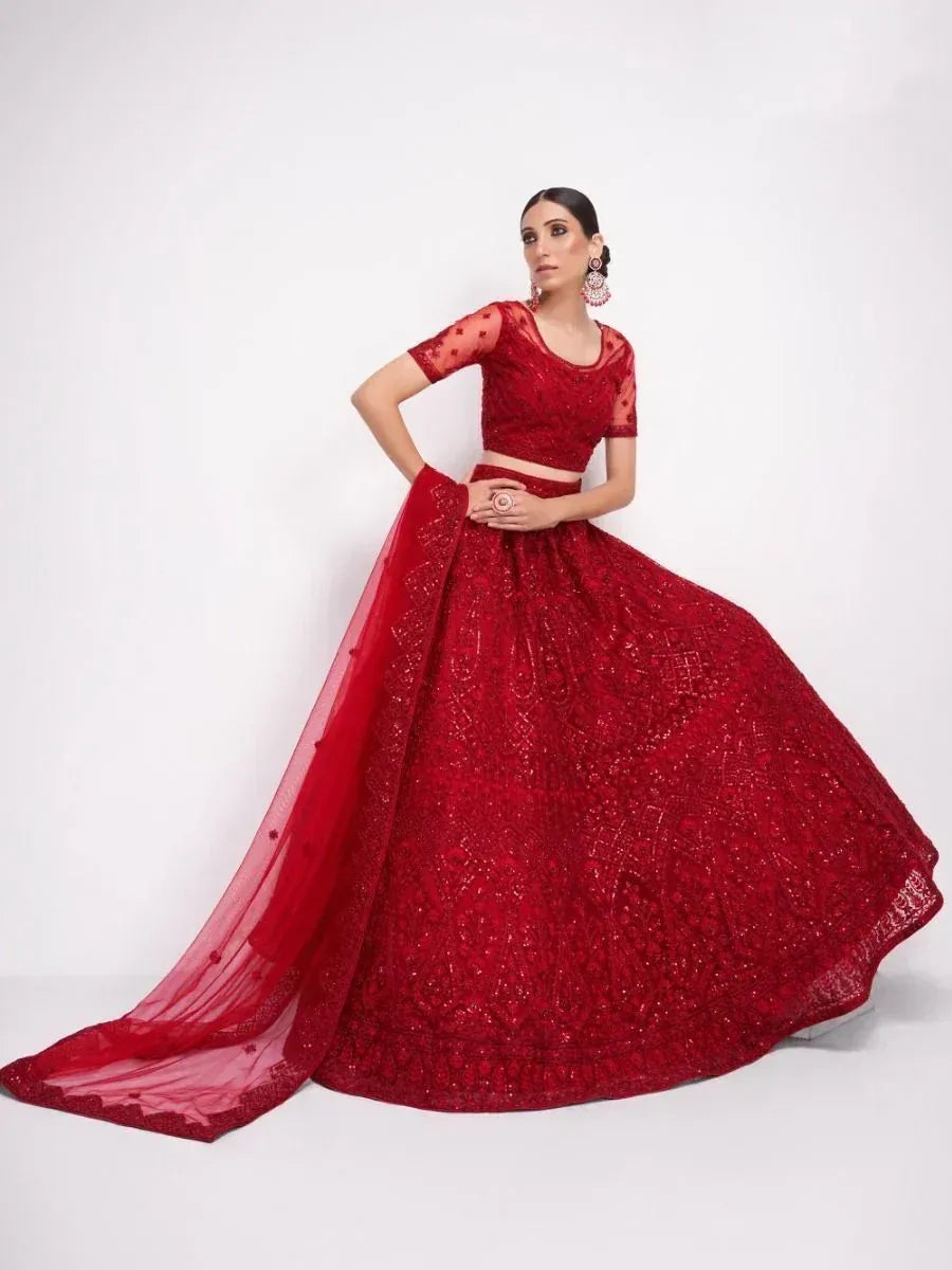 Red embroidered lehenga choli with sheer dupatta, Indian ethnic wear for weddings and festivals