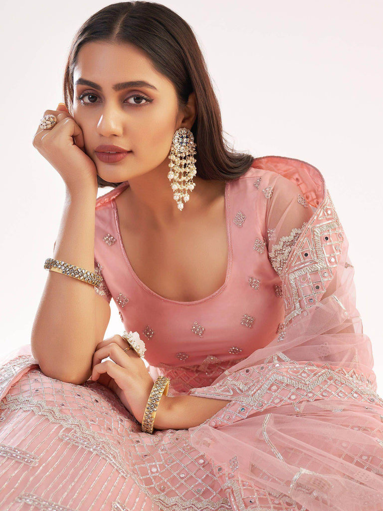 Admirable Baby Pink Gota Work Net Wedding Wear Lehenga Choli