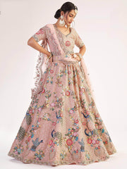 Excellent Peach Sequins Embroidered Net Wedding Wear Lehenga Choli
