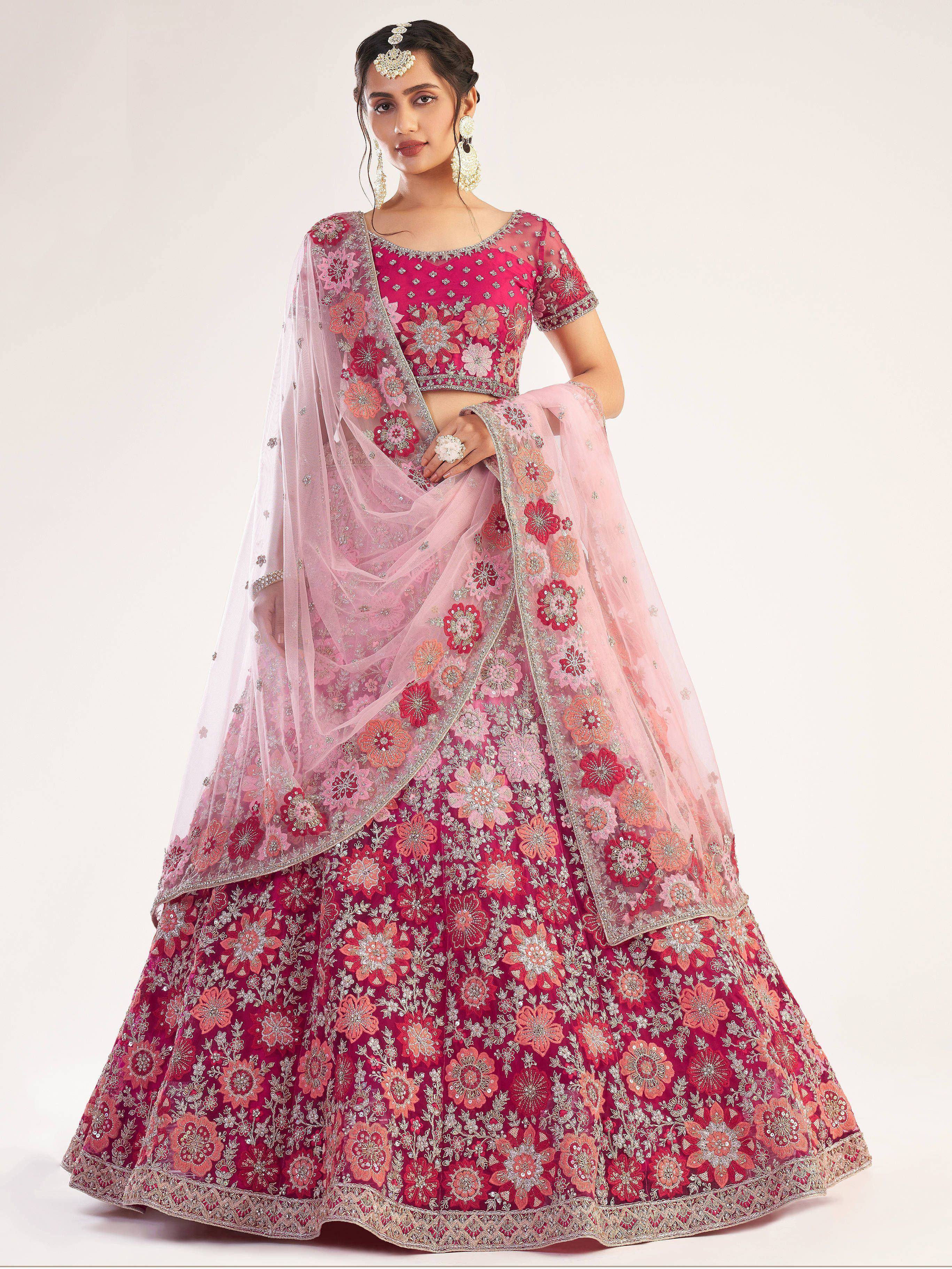 Pink and red floral embroidered lehenga choli with net dupatta, Indian ethnic wear for weddings