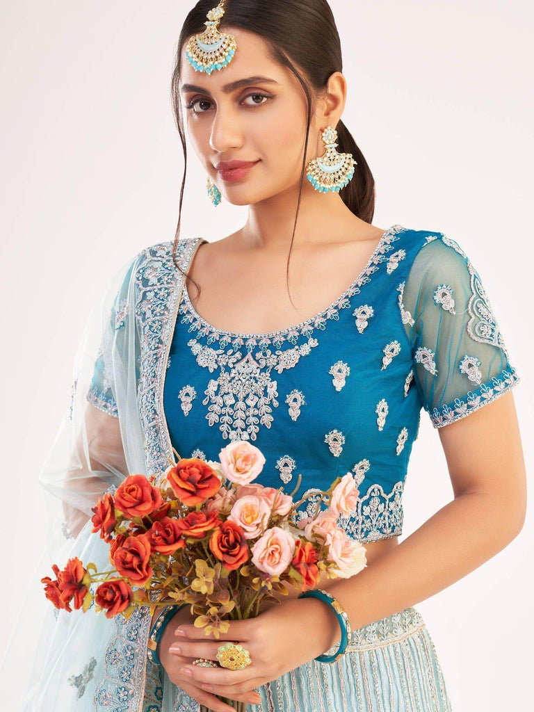 Glorious Teal Blue Sequins Embroidered Net Wedding Wear Lehenga Choli