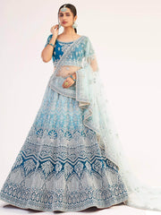 Glorious Teal Blue Sequins Embroidered Net Wedding Wear Lehenga Choli