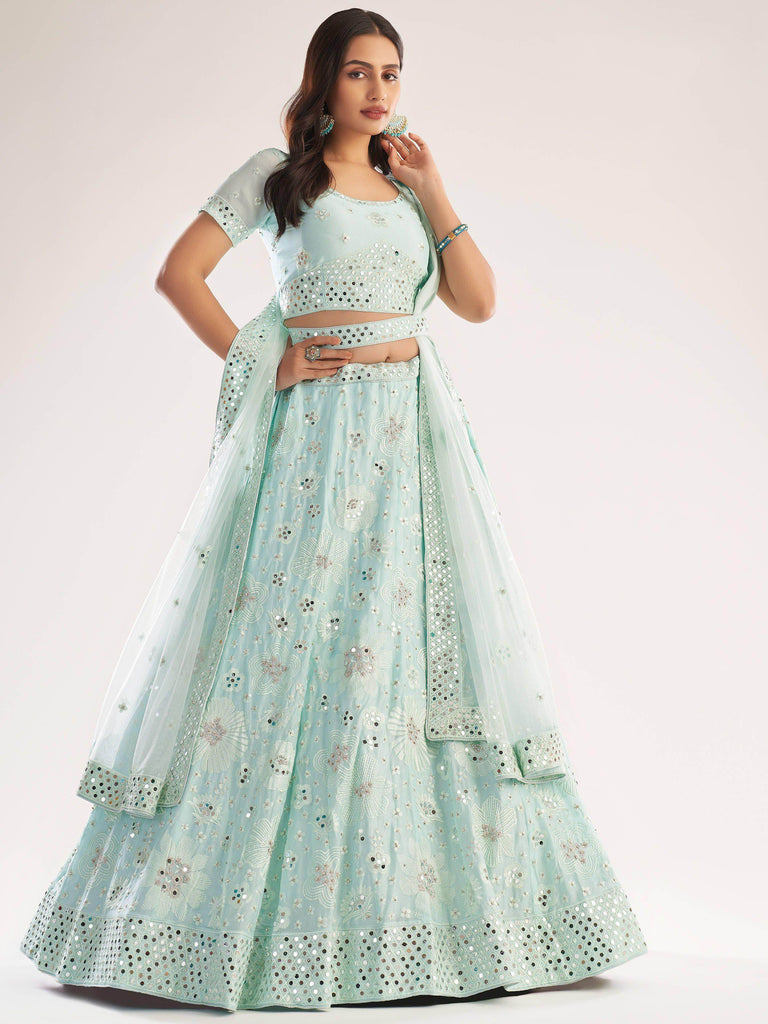 Superb Sea Green Zari Embroidered Georgette Wedding Wear Lehenga Choli