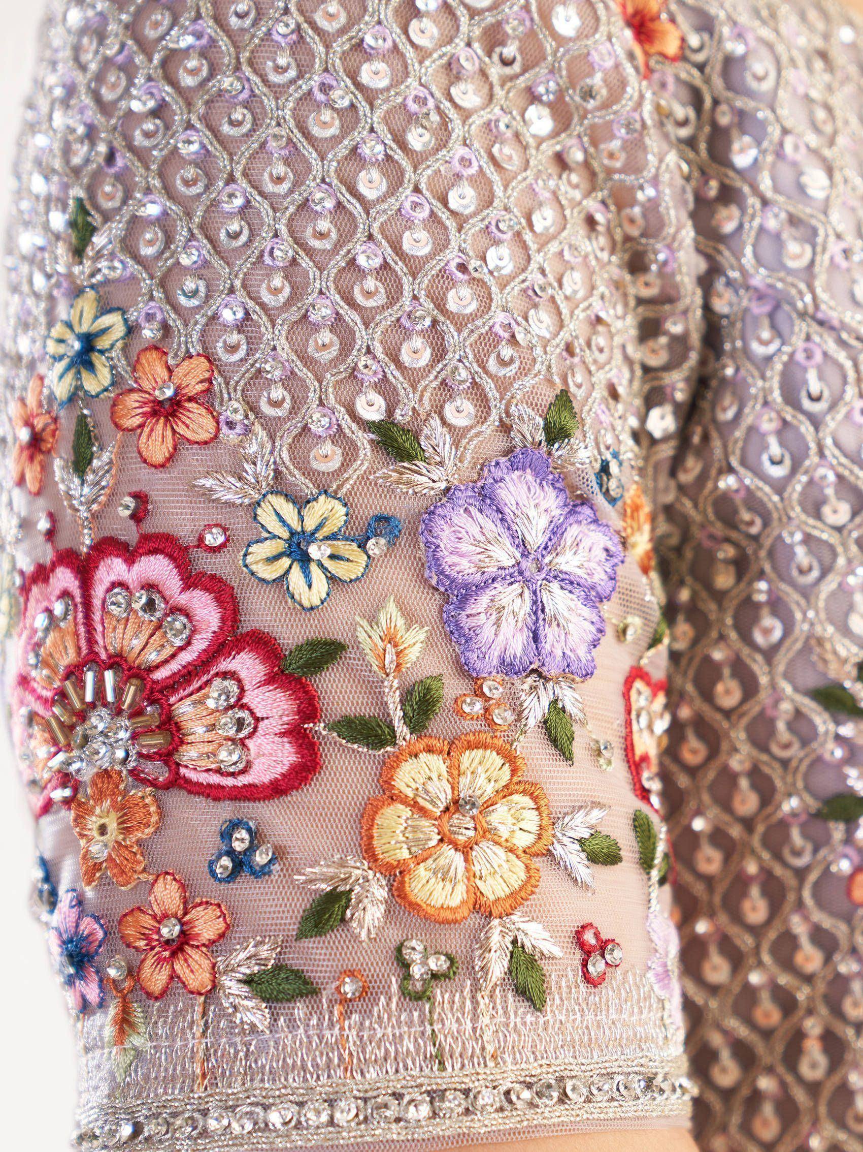 Floral embroidered ethnic wear with sequins and beads, perfect for Indian designer lehenga or saree