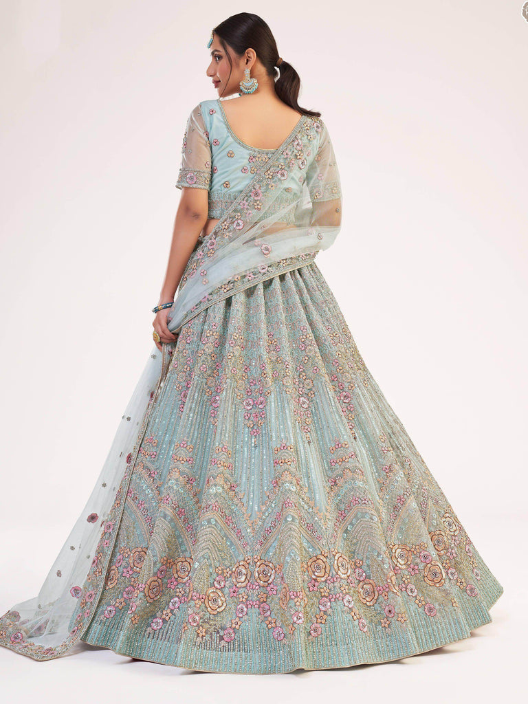 Unique Sky Blue Sequins Embroidered Net Wedding Wear Lehenga Choli