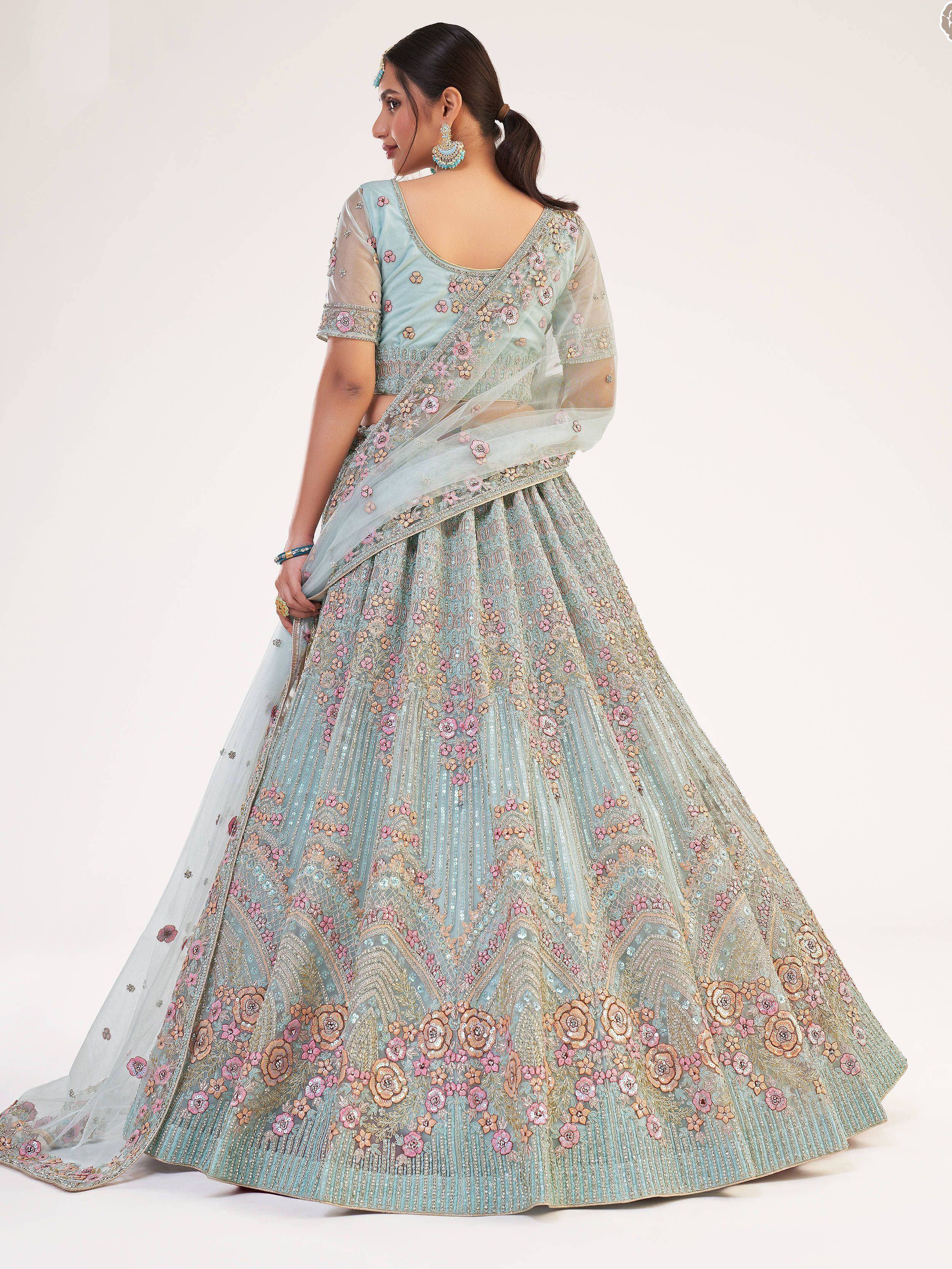Elegant light blue lehenga choli with floral embroidery and sheer dupatta for Indian ethnic wear