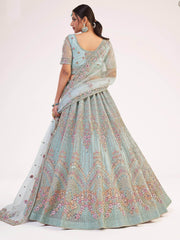 Unique Sky Blue Sequins Embroidered Net Wedding Wear Lehenga Choli