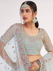Unique Sky Blue Sequins Embroidered Net Wedding Wear Lehenga Choli