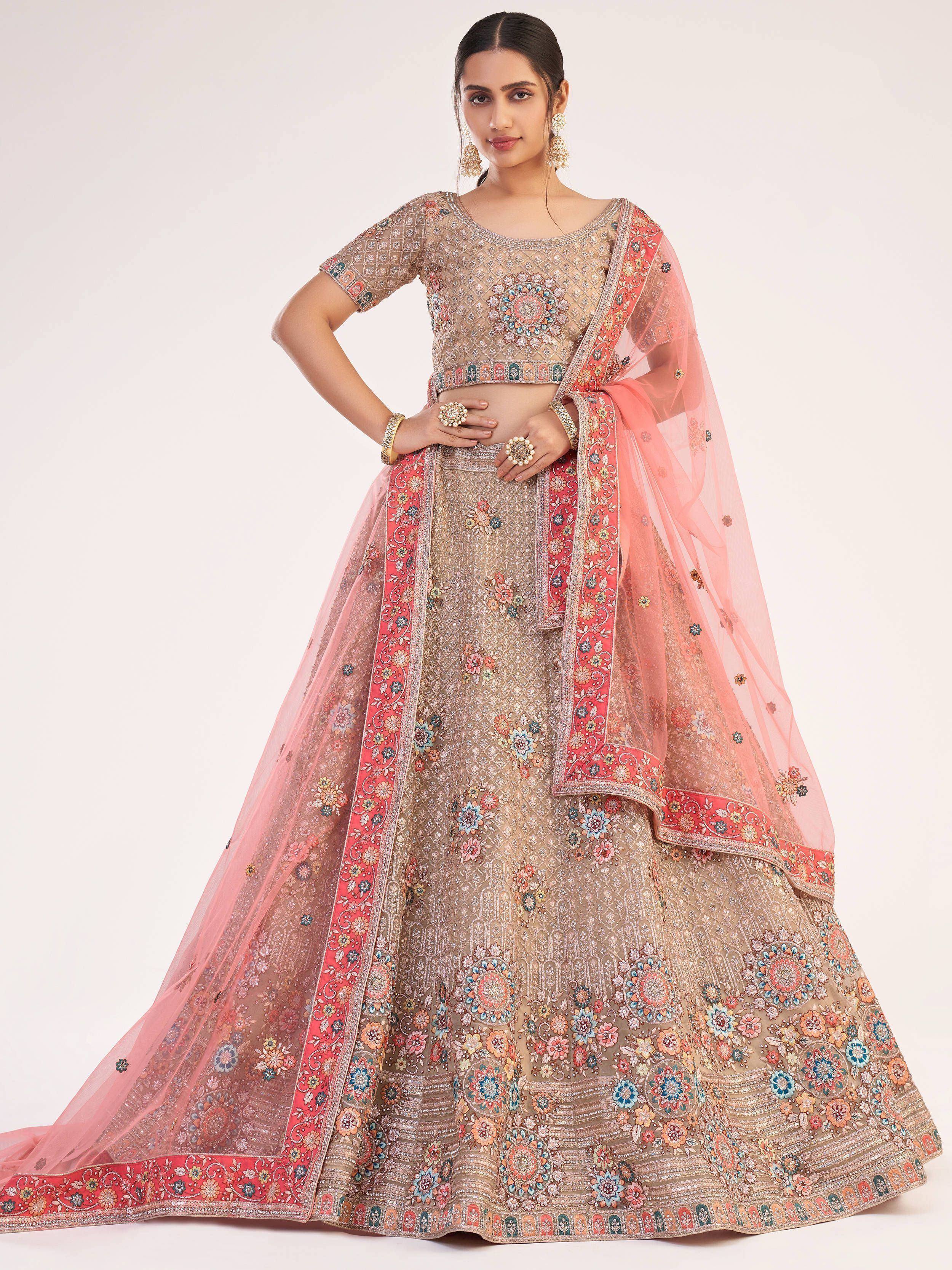 Designer lehenga choli with floral embroidery and peach dupatta for Indian ethnic wear
