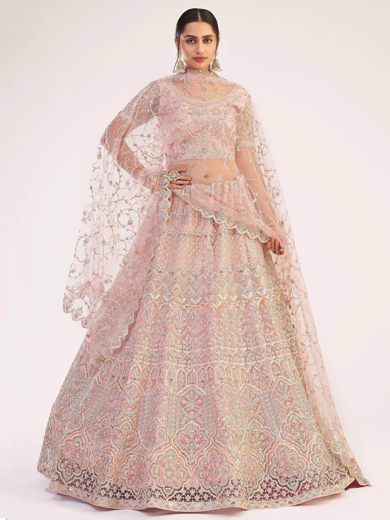 Outstanding Rose Gold Sequins Embroidered Net Wedding Wear Lehenga Choli