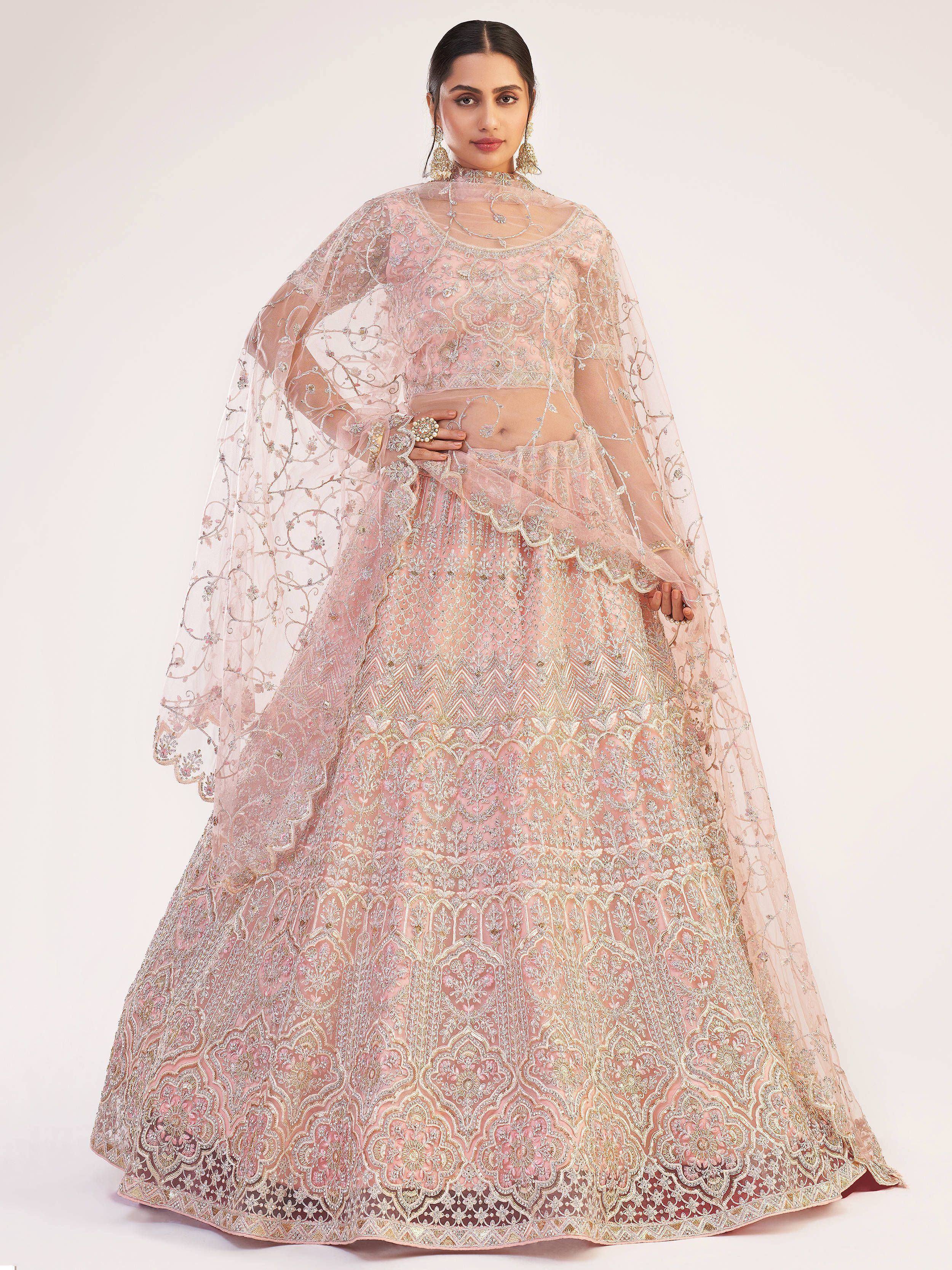 Pink embroidered lehenga choli with sheer cape, perfect for Indian weddings and festive occasions