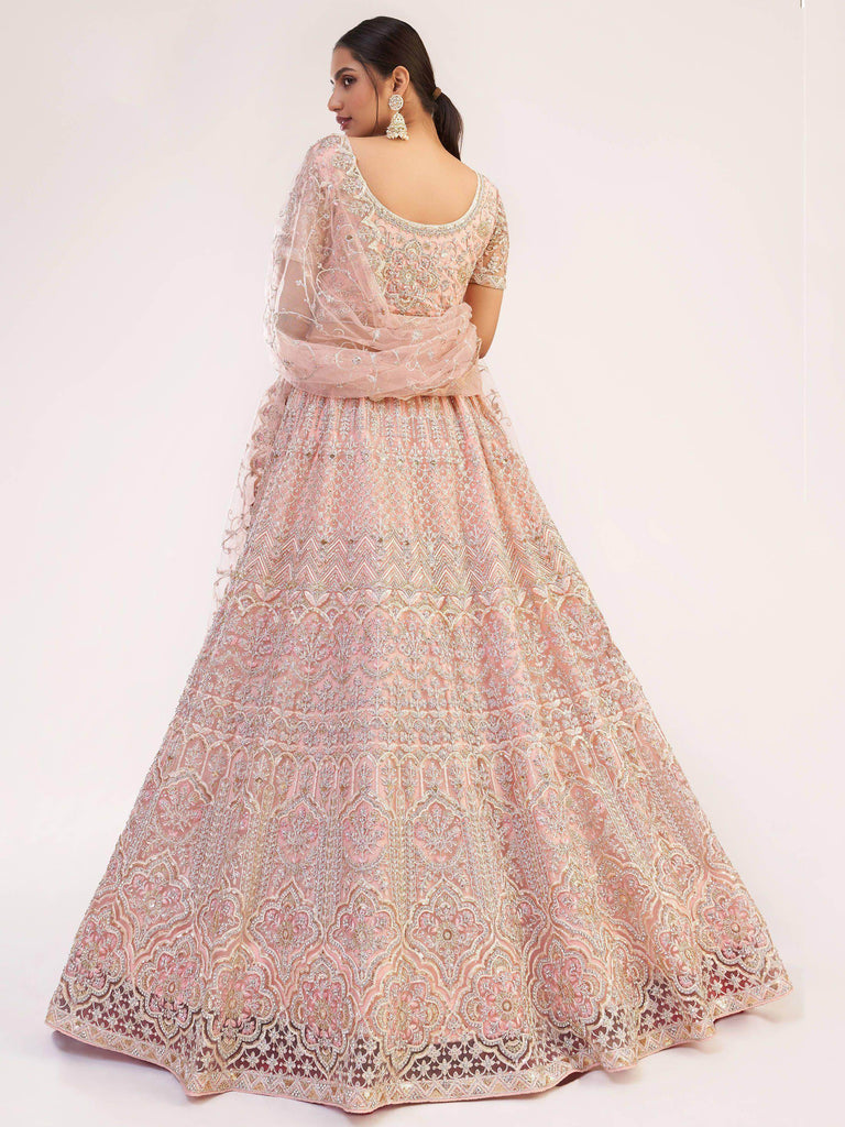 Outstanding Rose Gold Sequins Embroidered Net Wedding Wear Lehenga Choli