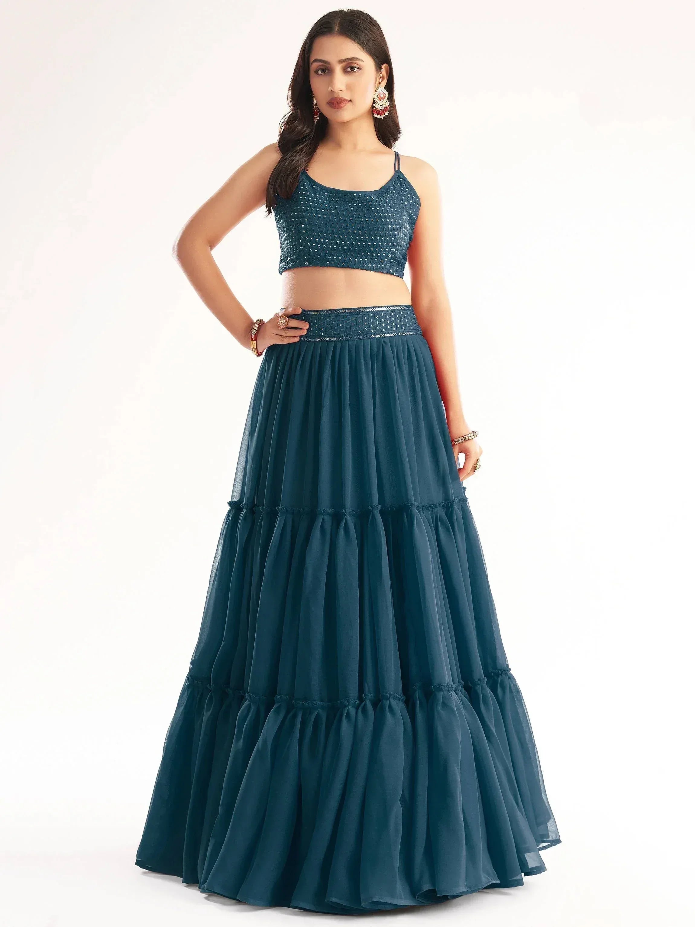 Teal blue sequined crop top with tiered lehenga skirt, Indian ethnic wear for women