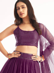 Outstanding Purple Sequins Georgette Ready-Made Ruffle Lehenga Choli