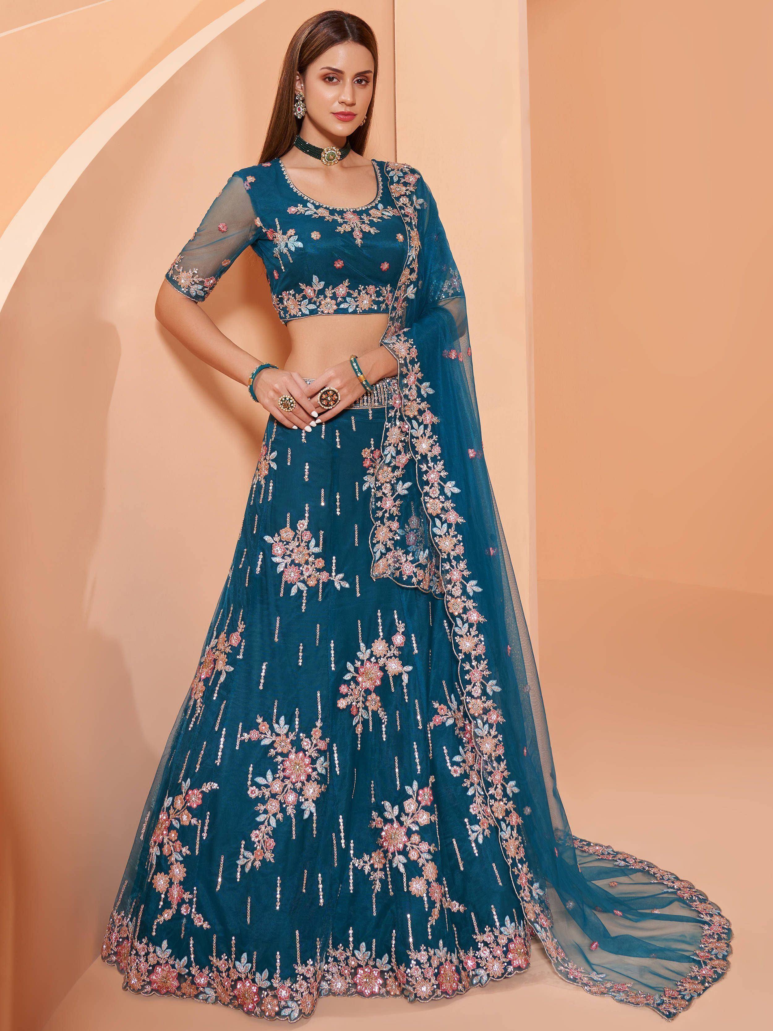 Teal floral embroidered lehenga choli with sheer dupatta, Indian ethnic wear for weddings and parties