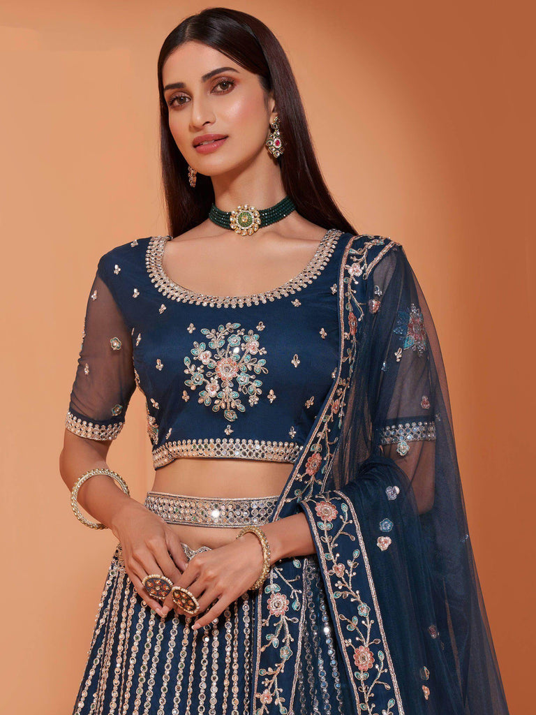 Navy Blue Cording Work Net Wedding Wear Lehenga Choli
