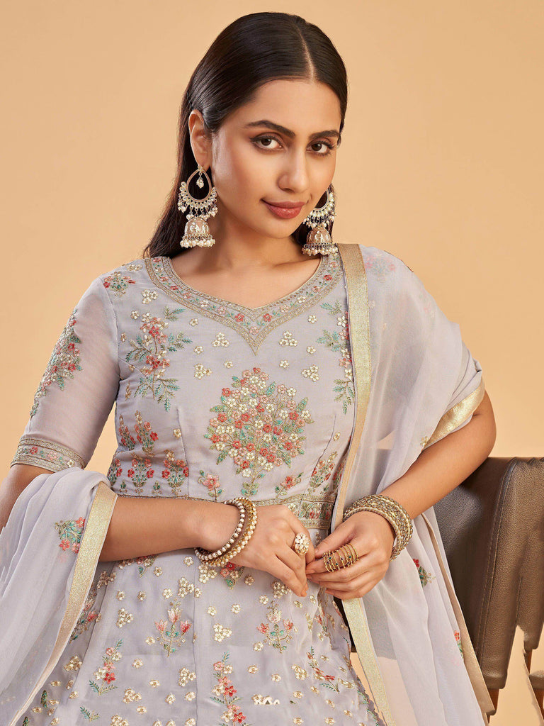 Marvelous Light Lavender Georgette Thread Embroidery Anarkali Gown