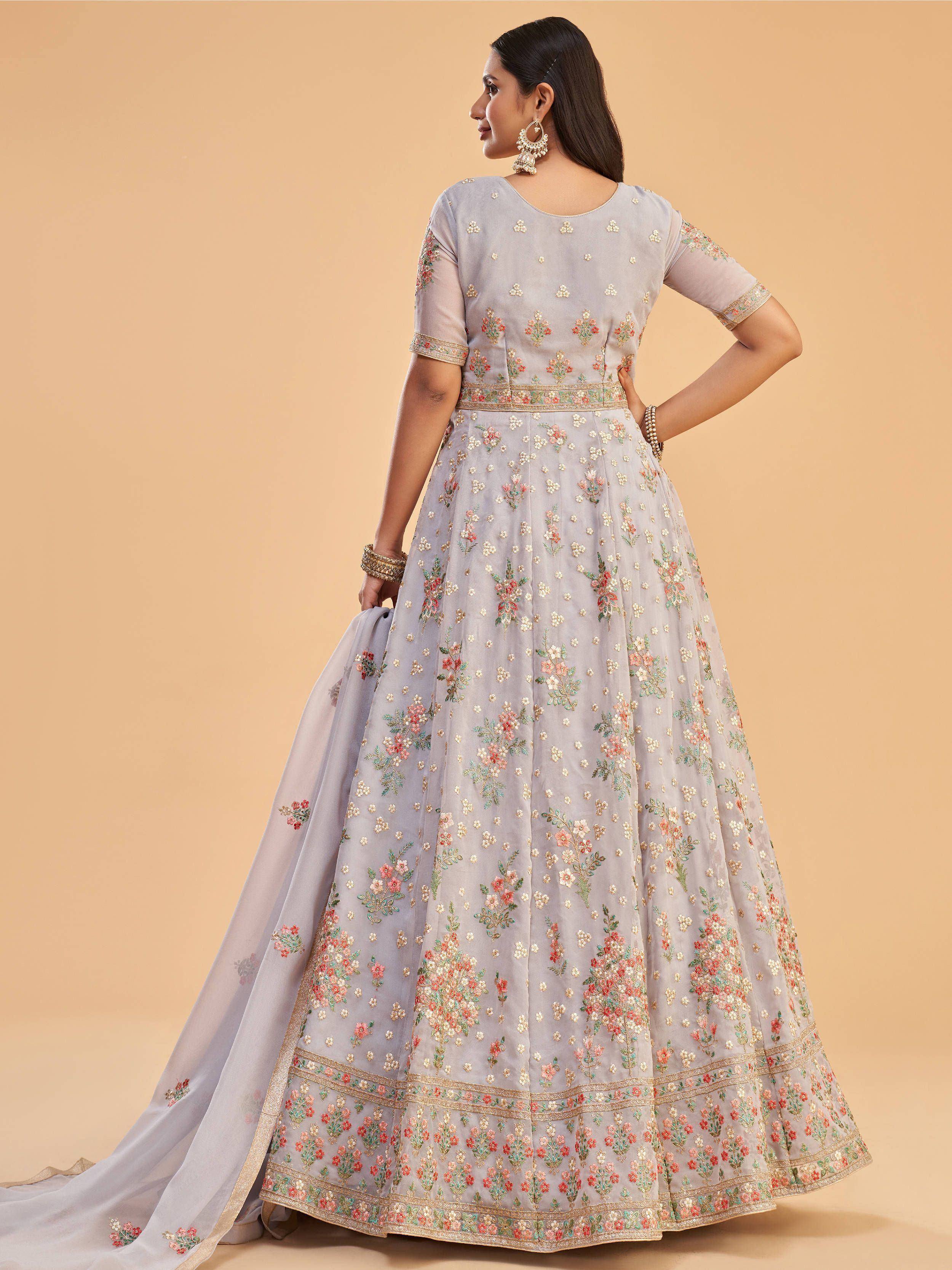 Light grey floral embroidered lehenga choli with dupatta, Indian ethnic wear for women