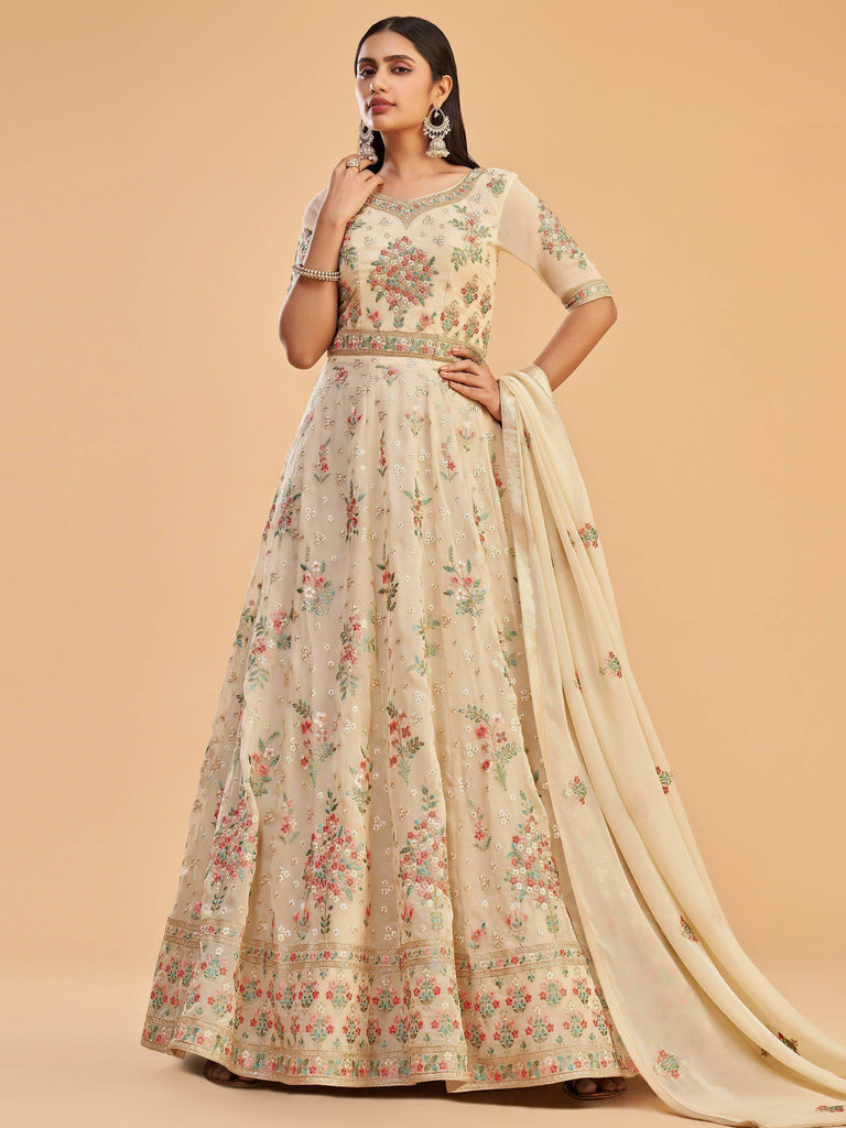 Impressive Dusty Yellow Georgette Zari Thread Anarkali With Dupatta