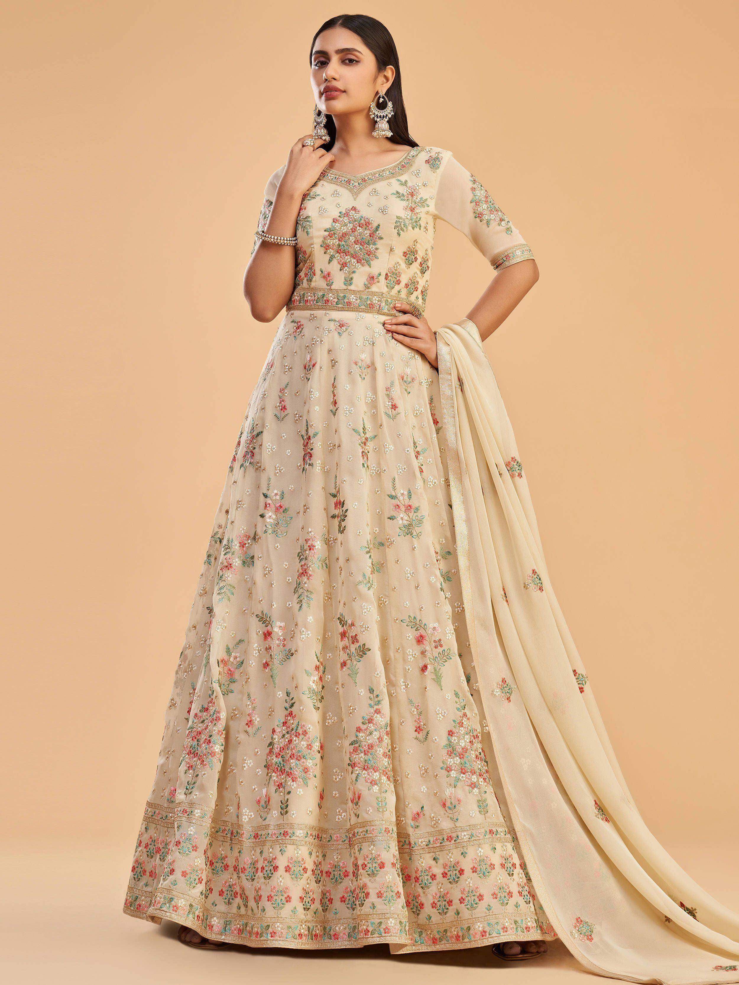 Cream floral embroidered lehenga choli with dupatta, Indian ethnic wear for women