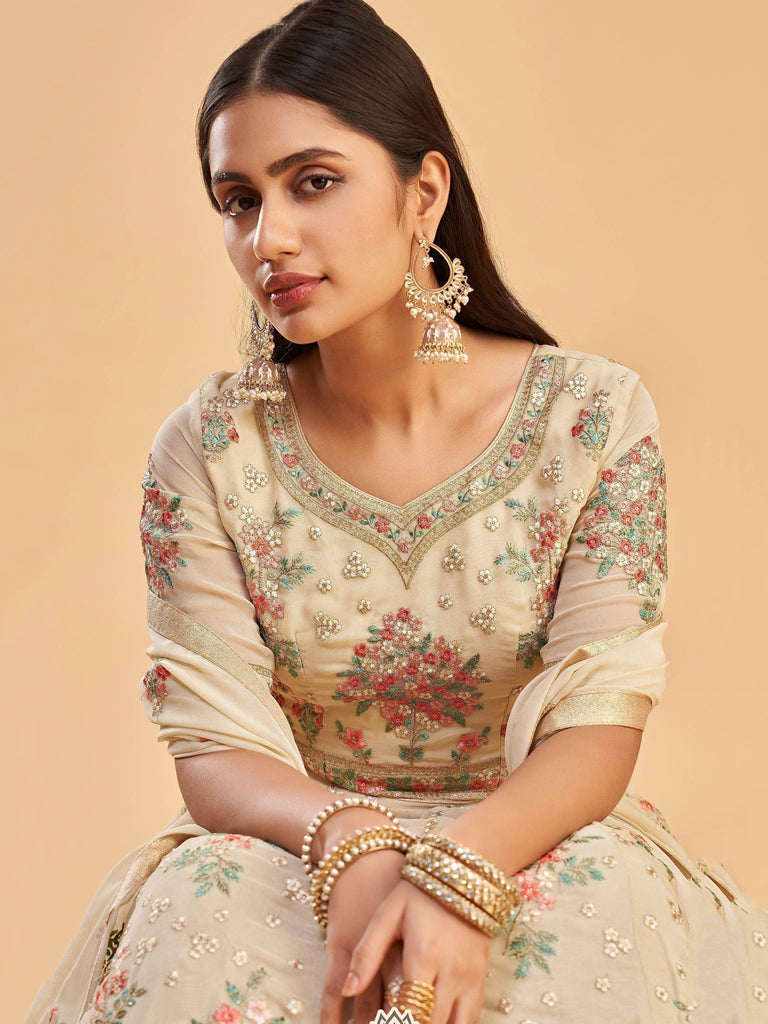 Impressive Dusty Yellow Georgette Zari Thread Anarkali With Dupatta