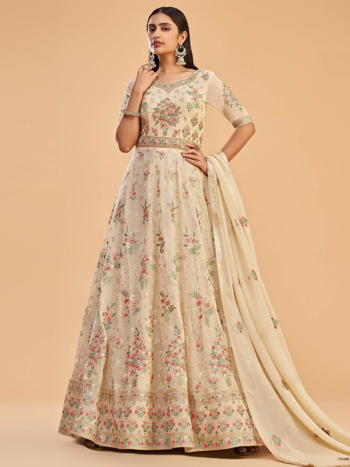 Impressive Dusty Yellow Georgette Zari Thread Anarkali With Dupatta
