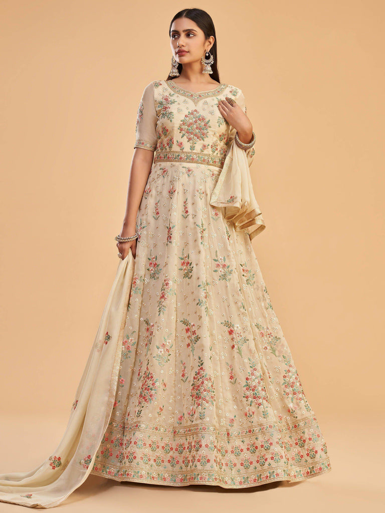 Impressive Dusty Yellow Georgette Zari Thread Anarkali With Dupatta