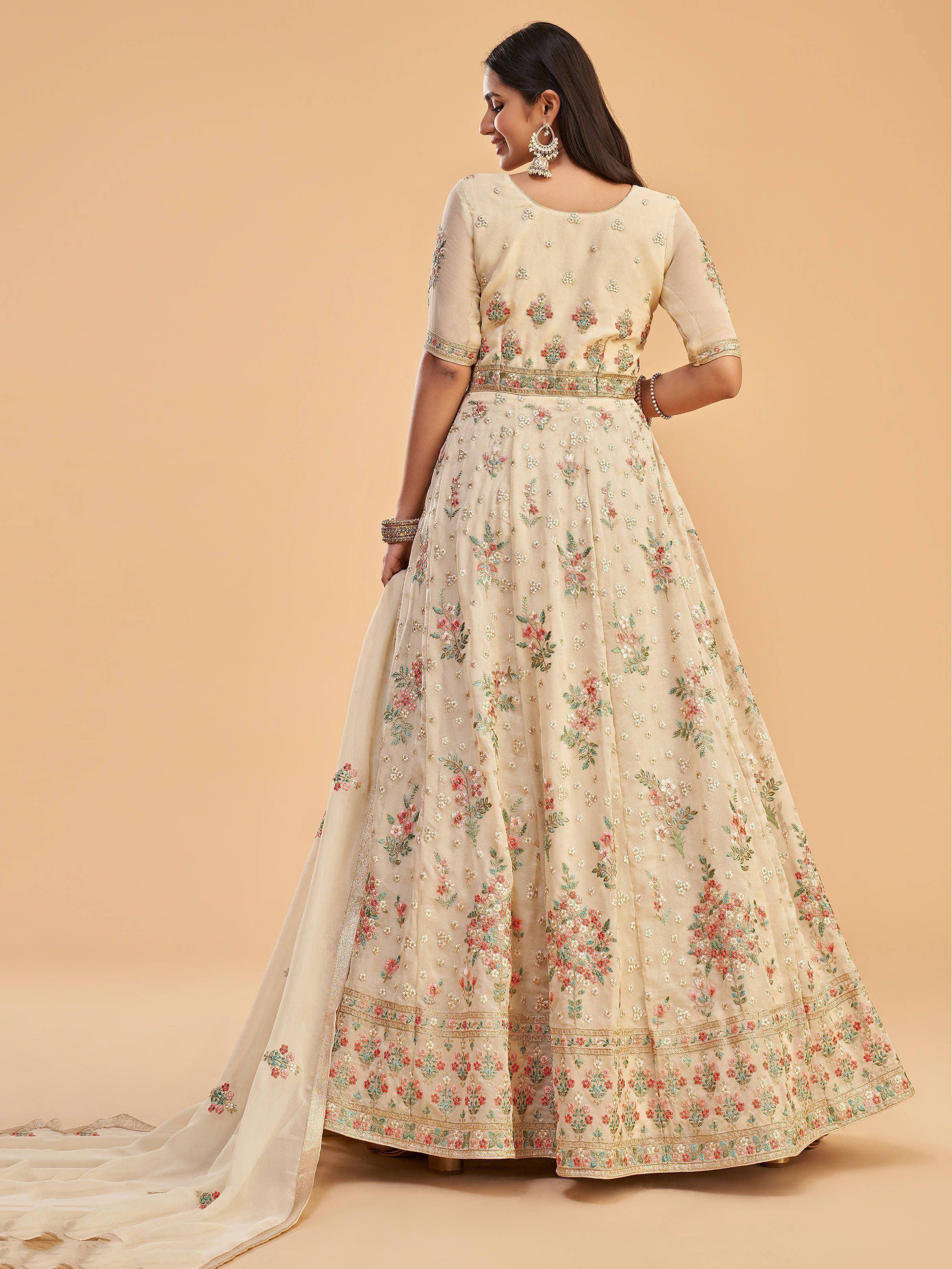 Cream floral embroidered lehenga choli with dupatta, Indian ethnic wear for women