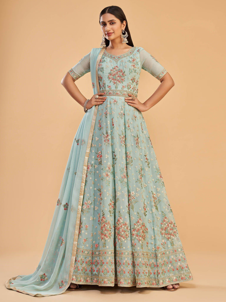 Graceful Firozy Georgette Embroidered Long Anarkali Gown