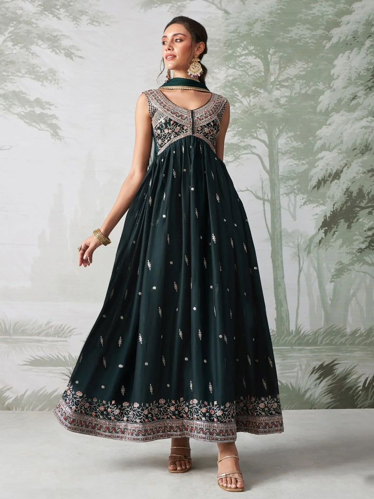 Lovely Teal Green Embroidered Organza Event Wear Gown With Dupatta