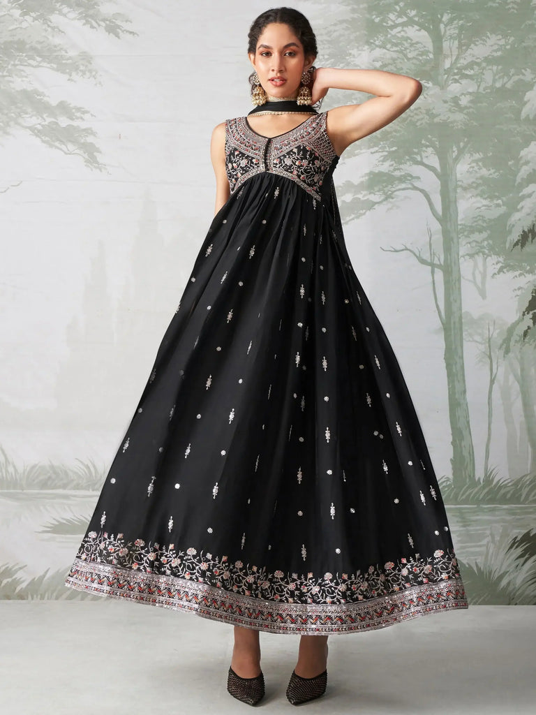 Beautiful Black Embroidered Organza Reception Wear Gown With Dupatta