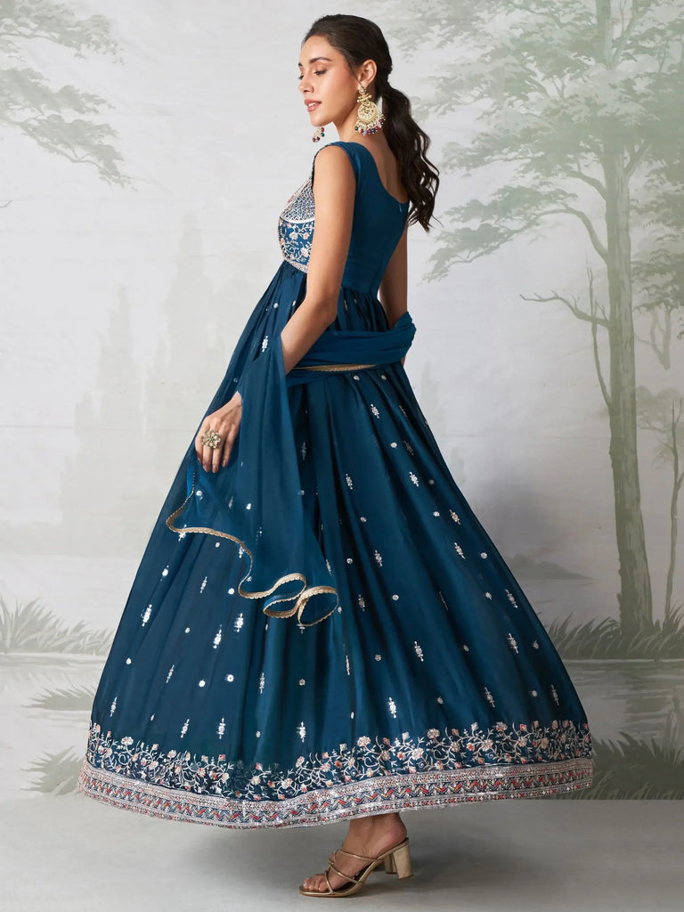 Attractive Teal Blue Embroidered Organza Reception Wear Gown With Dupatta