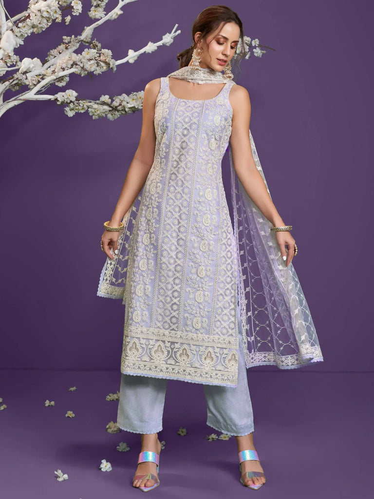 Lavender Lucknowi Work Net Party Wear Straight Salwar Suit