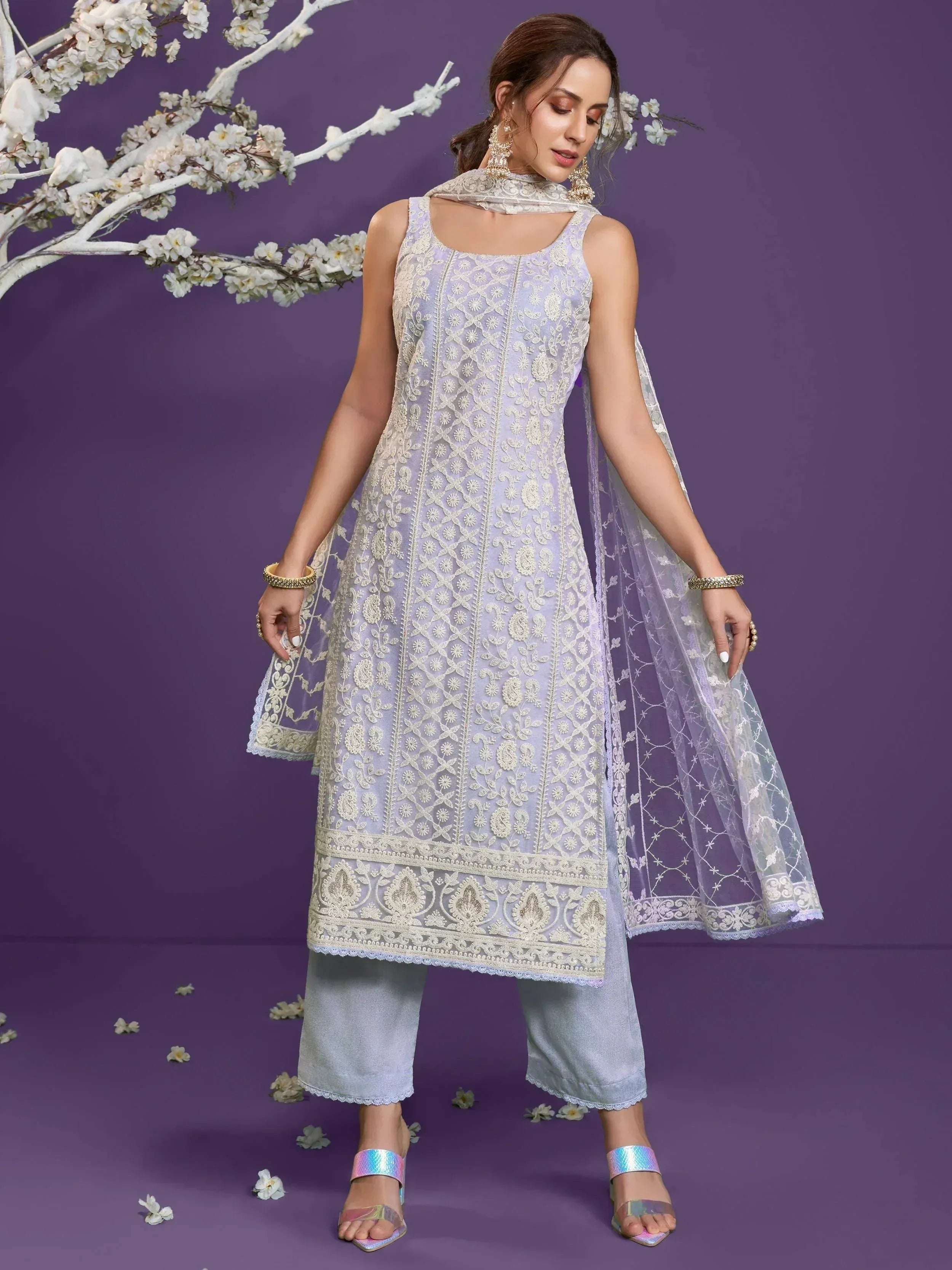 Elegant lavender embroidered kurta with matching palazzo and dupatta, perfect for Indian ethnic wear.