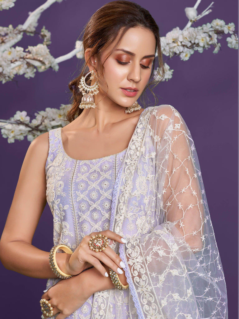 Lavender Lucknowi Work Net Party Wear Straight Salwar Suit